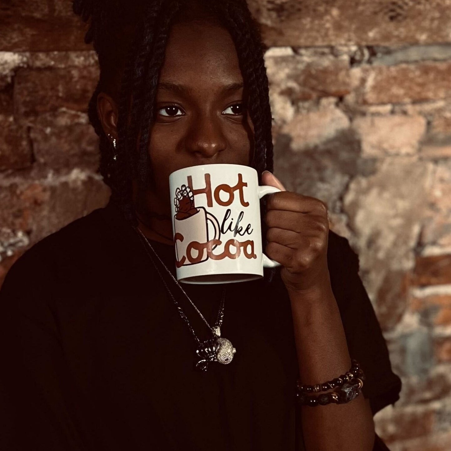 15oz'HOT LIKE COCOA' White Coffee Mug with Black & Brown Design