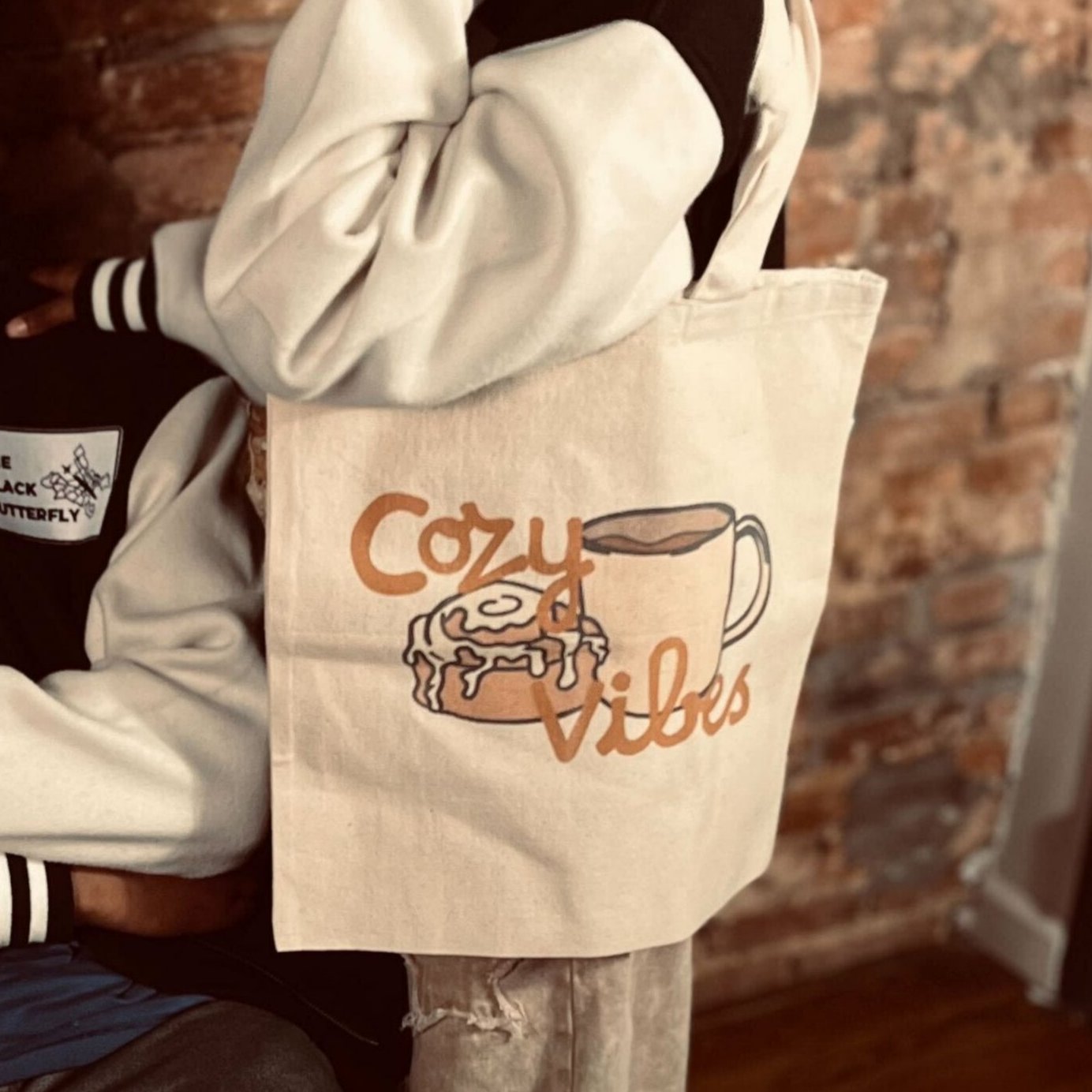 'COZY VIBES' Beige Tote Bag with Black & Brown Design