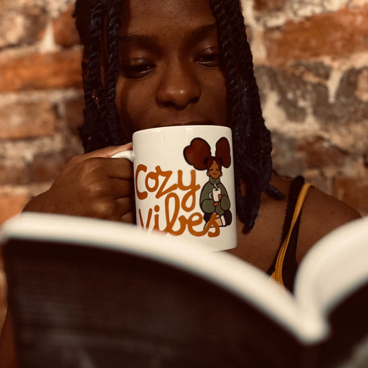 12oz 'COZY VIBES' White Coffee Mug with Black & Brown Design (Girl & Cinnamon Bun)