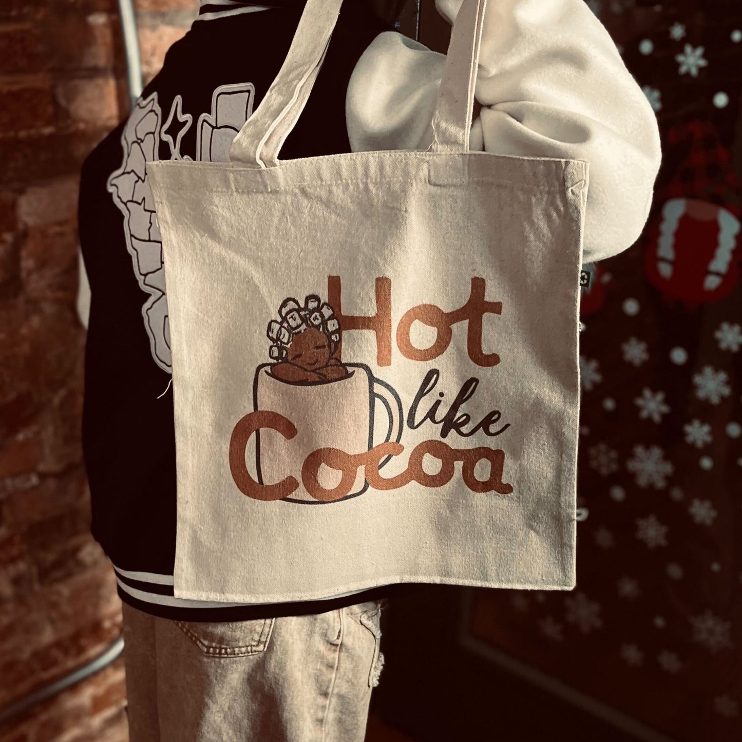 'HOT LIKE COCOA' Beige Tote Bag with Black & Brown Design