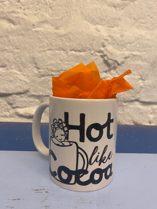 12oz'HOT LIKE COCOA' White Coffee Mug with Black & Brown Design