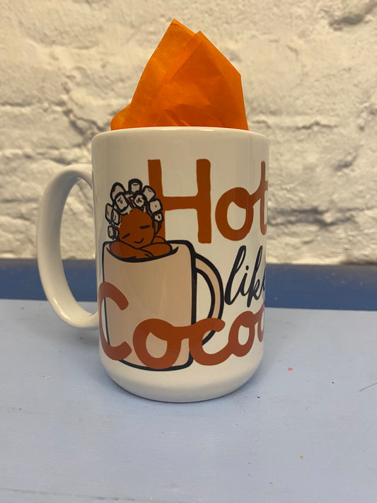 15oz'HOT LIKE COCOA' White Coffee Mug with Black & Brown Design