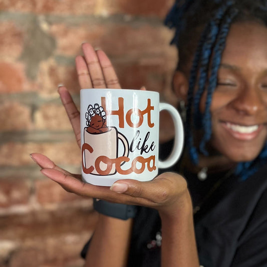 'HOT LIKE COCOA' White Coffee Mug with Black & Brown Design