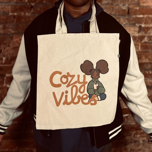 'COZY VIBES' Beige Tote Bag with Black & Brown Design