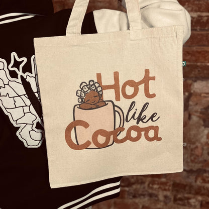 'HOT LIKE COCOA' Beige Tote Bag with Black & Brown Design